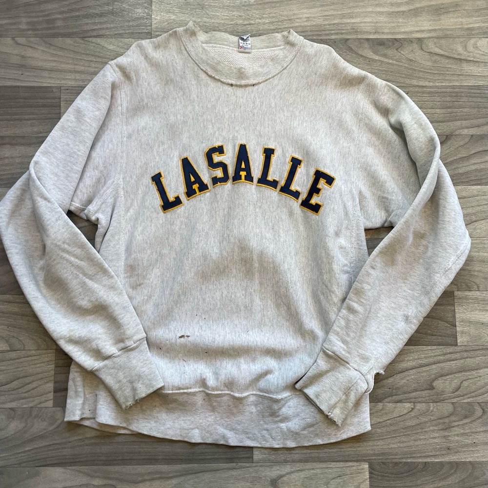 Vintage Lasalle college sweater xl reverse weave style grey yellow navy blue 90s